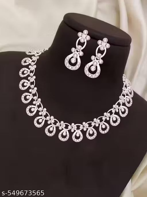 Silver Plated Jewellery Set with White American Diamond for Girls and Women For Wedding And Engagement