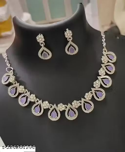 Purple pistachio Colour Necklace Set In rhodium Polish jwellery set