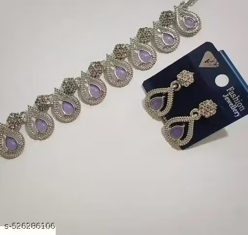 Purple pistachio Colour Necklace Set In rhodium Polish jwellery set