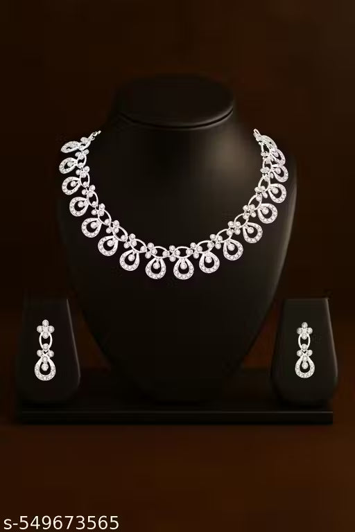 Silver Plated Jewellery Set with White American Diamond for Girls and Women For Wedding And Engagement