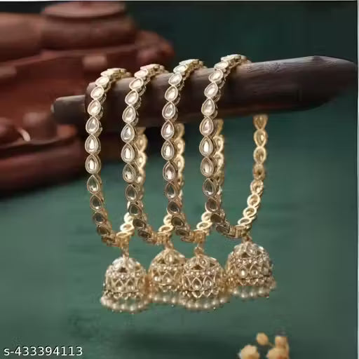 4 Light Gold-Plated Kundan-Studded & Pearls-Beaded Jhumki Bangles