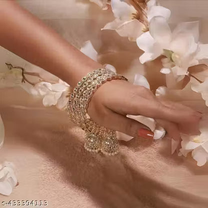 4 Light Gold-Plated Kundan-Studded & Pearls-Beaded Jhumki Bangles